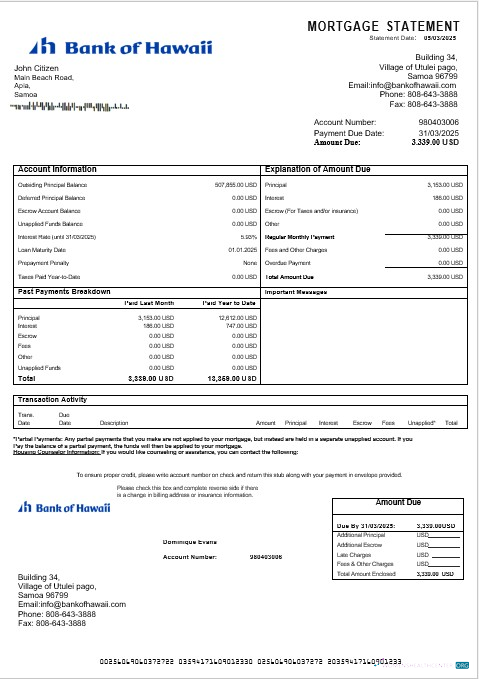 Download Samoa Bank of Hawaii mortgage statement in Word and PDF formats Photoshop template